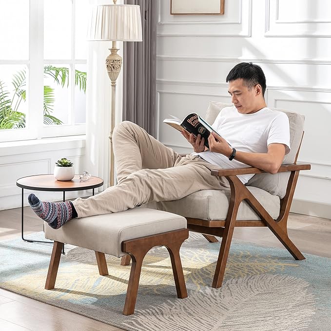 chairus Mid-Century Modern Accent Chair with Ottoman, Linen Fabric Armchair with Wood Legs Comfy Upholstered Single Sofa Chair for Living Room/Bedroom/Lounge, Beige