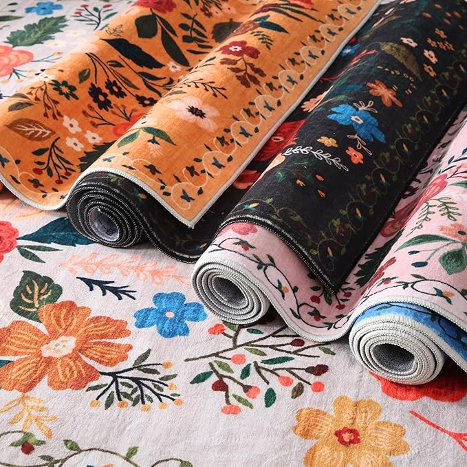 Door Mat Indoor Entrance 2x3 Rug Machine Washable Boho Floral Small Area Rug Non-Slip Low Pile Throw Rugs for Entryway, Kitchen, Front Door Indoor Entrance, Entry, Kids Room (Red)