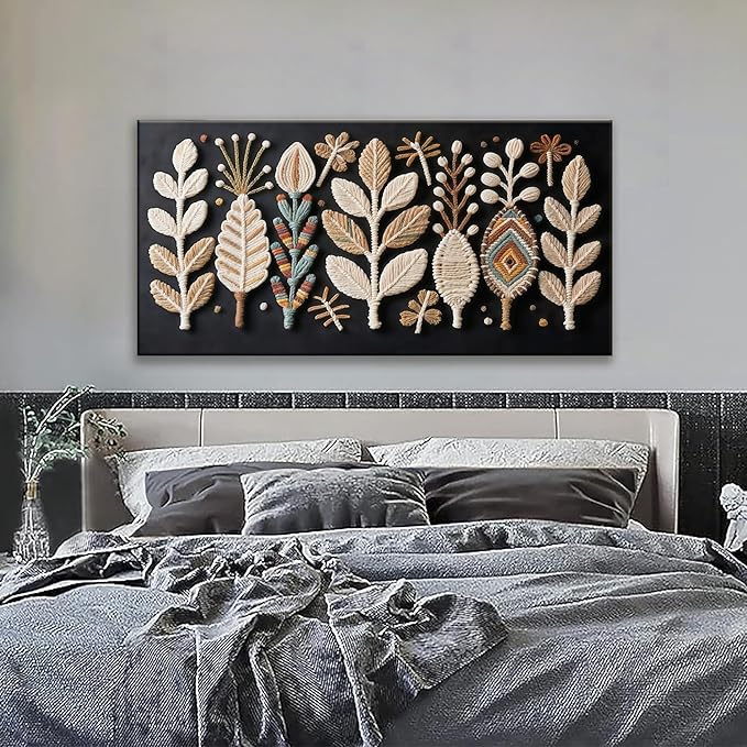 Boho Black Wall Art Chic Home Wall Art Modern Multicolor Leaves Feather Canvas Wall Art Decor For Living Room Bedroom Apartment Kitchen 24"W X 48"L Ready To Hanging