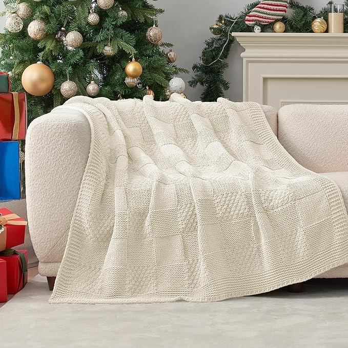 Amélie Home Chenille Knit Throw Blanket for Couch, Checkered Texture Decorative Soft Blanket for Sofa, Bed & Living Room, 50"x60", Ivory