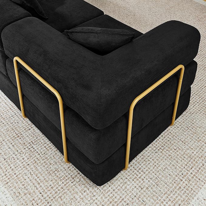 108" Oversized Convertible Sleeper Sofa Bed, Corduroy L Shape Sectional Couch, Folding Sofa Bed with Side Pocket, Modern Cloud Floor Mattress Couch, Modular Sofa for Living Room, Black