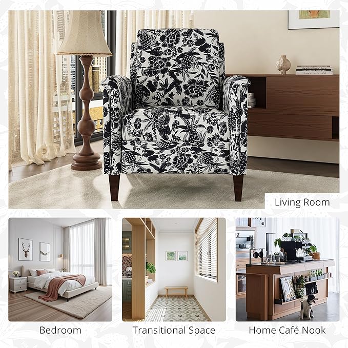 Floral Accent Chair, High Back Upholstered Armchair with Solid Wooden Legs, Padded Armrest and Removable Comfortable Cushioned Seat Single Sofa for Living Room, Bedroom, Black