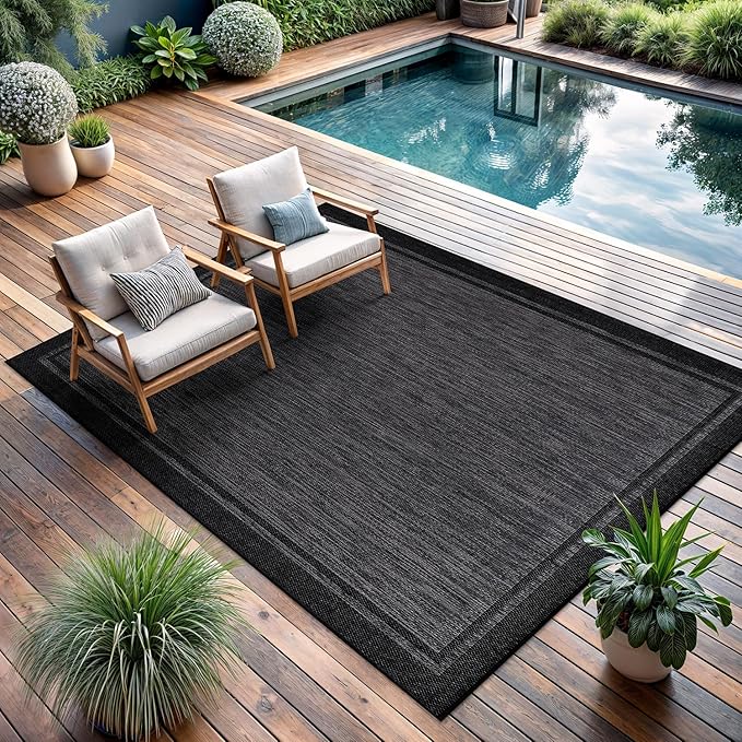CAMILSON Indoor Outdoor Rug, 5x7 Bordered Dark Grey Black Modern Area Rugs for Indoor and Outdoor Patios, Kitchen and Hallway Mats, Washable Porch Deck Outside Carpet (Bordered Black, 5 x 7)