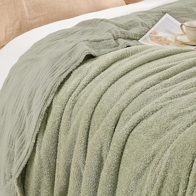 EMME Muslin and Fleece Twin Blanket Reversible - 60"*80" Sage Green Soft Warm Throw Blankets for Couch Bed Picnic Travel Bed