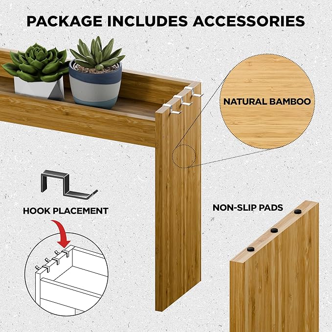 Edgecrest Bamboo Over The Stove or Sink Modern Spice Shelf, No Annoying Middle Screw, 31.5â Wide Storage, 11.4â High Countertop Shelf, 6 Side Hooks, Easy to Assemble, Eco-Friendly Durable Material