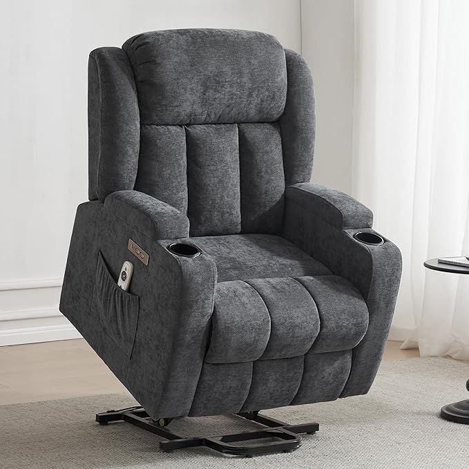 Power Lift Recliner Chair for Elderly with Massage and Heat, Recliner Chairs for Adults, Upgraded Fabric Reclining Sofa Chair with USB & Type-C Ports and Cup Holders, L1188(Grey)