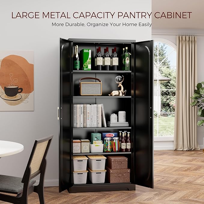 71" Tall Metal Pantry Cabinet with 4 Adjustable Shelves and Gold Handles Heavy-Duty Steel Storage for Kitchen, Dining Room or Office