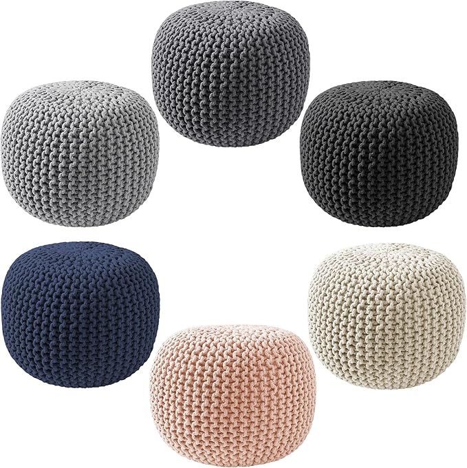 Casafield Round Pouf Ottoman, Black - 20" Diameter x 14.5" High Cotton Knit Foot Stool - Boho Floor Pouffe for Living Room, Bedroom, Home Office
