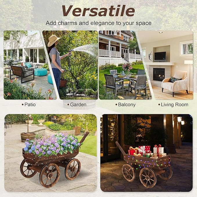 Garden Wooden Decor Rustic Flower Pot,Planters Wagon Indoor Outdoor Backyard Balcony Decor,for Outside Garden Decor Wheelbarrow Planter for Patio (Wooden Wagon with Light)