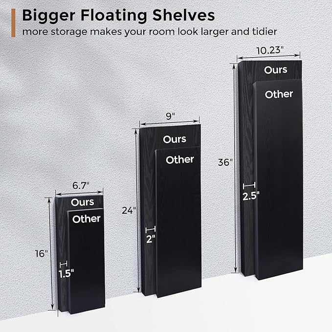 Floating Shelves - 2 Pack 9 Inch Rustic Wooden Wall Shelves - Extra Deeper & Thicker Wall Mounted Storage Shelf for Living Room, Kitchen, Farmhouse - 24" W x 9" D x 1.6" H - Rustic Black
