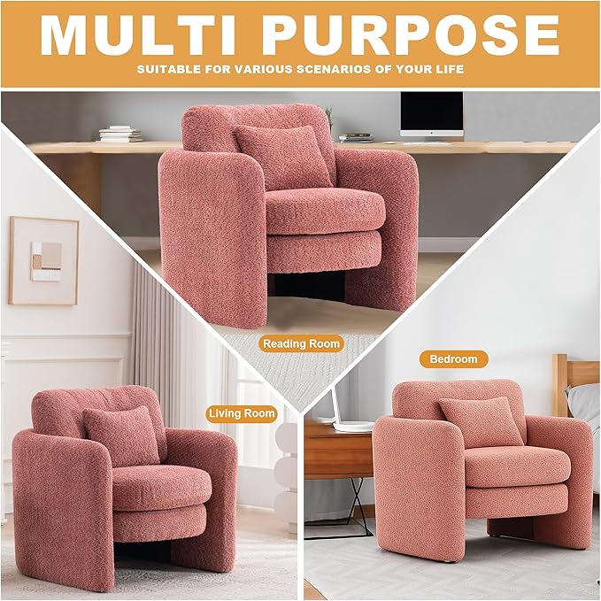 Chenille Accent Armchair Oversize Upholstered Barrel Comfy Modern Round Lounge Sofa Chair with Pillow Cozy Reading Chairs for Apartment,Office,Living Room,Dining,Makeup,Club,Pink