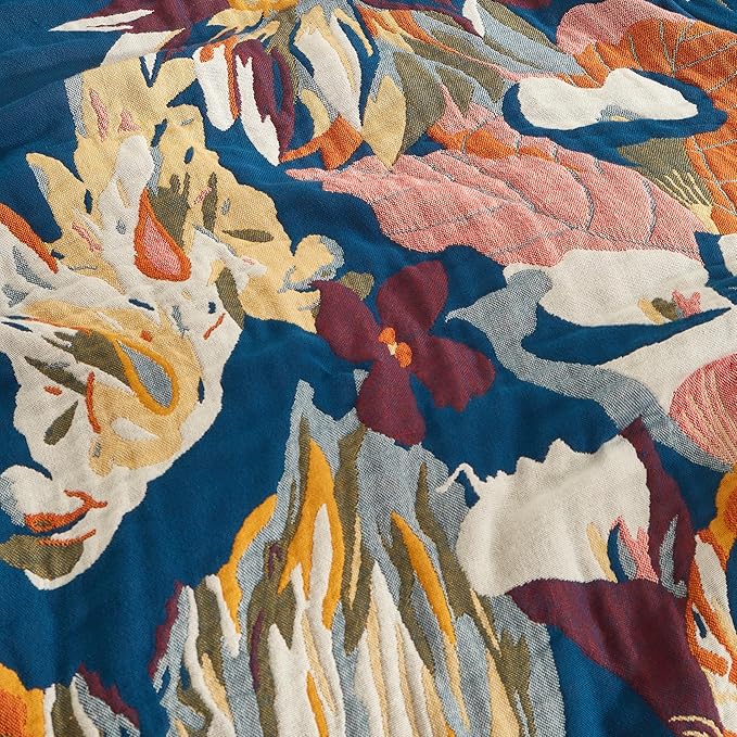 Boho Throw Blanket for Bed 90”x98”, 100% Cotton Woven Blanket for Couch Sofa, Ultra Soft 4-Layer Muslin Quilt with Vintage Floral Printed, Farmhouse Bed Blanket/Cover for Living Room Decor