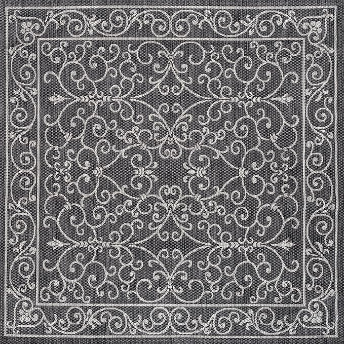 JONATHAN Y Vintage Filigree Indoor Outdoor Square Area Rug 8X8 Black/Gray, Charleston Textured Weave for Backyard, Patio, Porch, Easy-Cleaning, High Traffic, Pet-Friendly, Non-Shedding (SMB106G-8SQ)