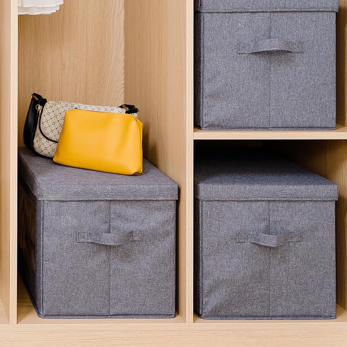 Citylife 3-Pack Collapsible Storage Bins with Lids, Linen Fabric Foldable Storage Boxes, Cube Closet Organization for Clothes, Blankets and Books, Gray