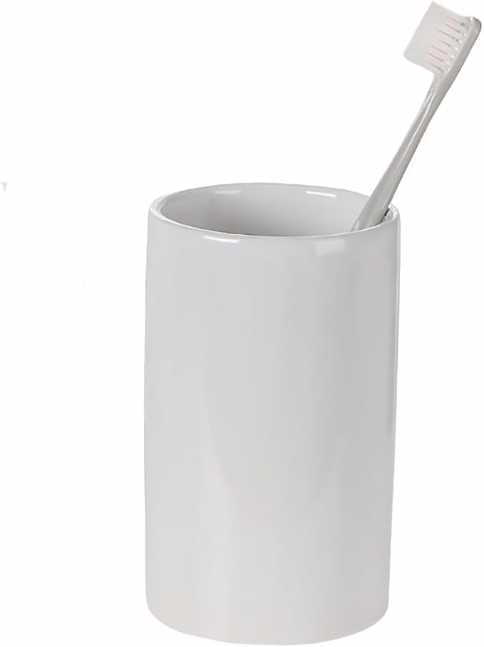 White Ceramic Toothbrush Holder, Tumbler Cups Reusable Toothbrush Mouthwash Cup,Makeup Brush Holder, Bathroom Counter Organizer(300ml)