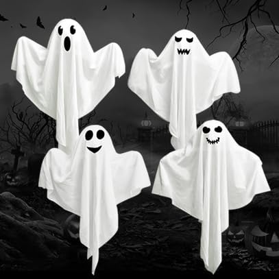 4 Pack Halloween Hanging Ghosts with LED Lights, 27.5 Inch Light Up Ghost Decorations for Indoor Outdoor, Lawn Yard Tree Hanging Halloween Ornaments, Spooky Lighted Party Supplies