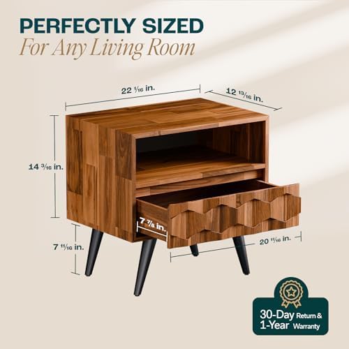 Bme Georgina Solid Wood Nightstand with 1 Drawer & Open Shelf- Fully Assembled Mid Century Modern Side Table - Geometric Pattern Bedside Dresser for Bedroom and Living Room, Dark Chocolate