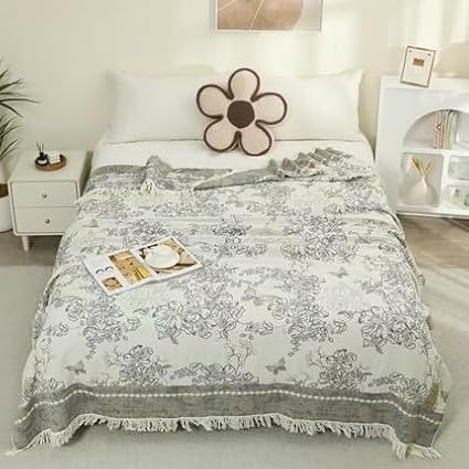 Boho Muslin Blanket for Adults 4-Layer Gauze Twin Size Soft Cozy 100% Cotton Summer Cooling Blanket Floral Decor for Sofa Bed Coverlet Both Sides (Tassels Floral Grey, 80 x 90 in)