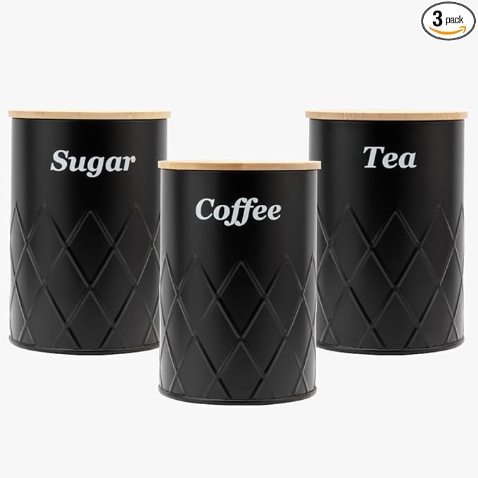 Black Canister Sets for Kitchen Counter,Tea coffee canisters,sugar container,3 Canisters,900ML/30.43OZ