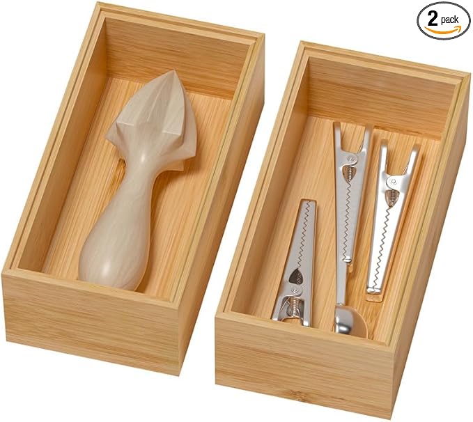 Bamboo Drawer Organizer, Small Silverware Organizer for Kitchen Drawer, Stackable Utensil Tray, 2 Pcs Flatware Organizer, Bamboo 6" x 3" x 2" (Outer), 5.3" x 2.3" x 1.77" (Inner)