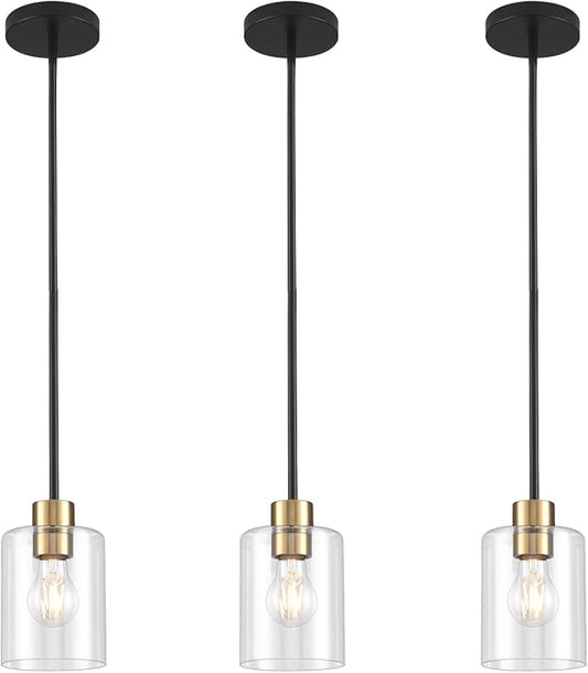 Black Brass Pendant Lights Kitchen Island - Clear Glass Pendant Light Fixture Multiple Stems Rods 3 Units 12 Inch 3 Units 4 Inch (3 Pack Black Brass Downrod)