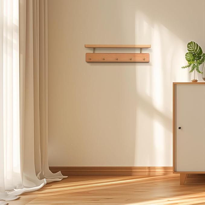 Shelf with Hooks, Solid Wood Bedroom Shelves for Wall, Wooden Coat Rack Wall Mount for Bathroom, Kitchen, Door Entryway (Beech, 38cm/14.96inch)