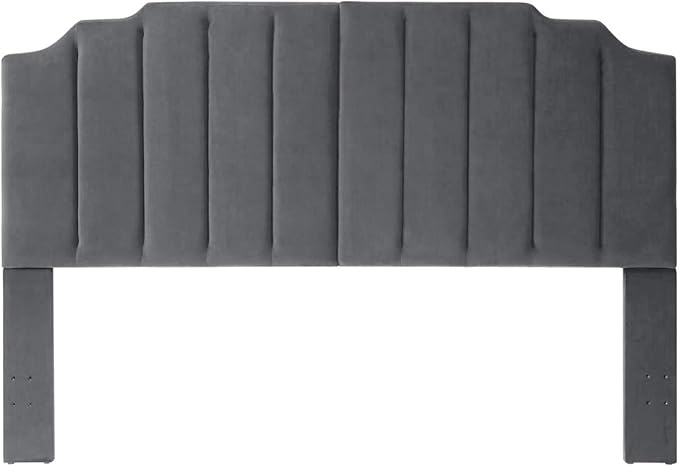 24KF Dark Gray Velvet Tufted King Upholstered Headboard, Modern Vertical Channel Design California King Headboard with Stepped Silhouette Top Edge,Dark Gray