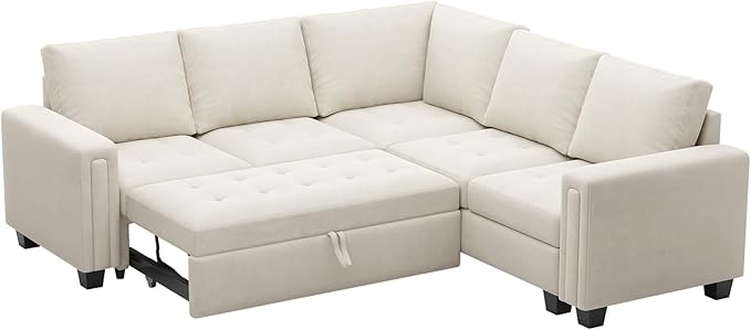 Belffin Modular Sectional Sleeper Sofa with Pull Out Couch Bed Velvet Convertible L Shaped Sectional Couch for Living Room Apartment Beige