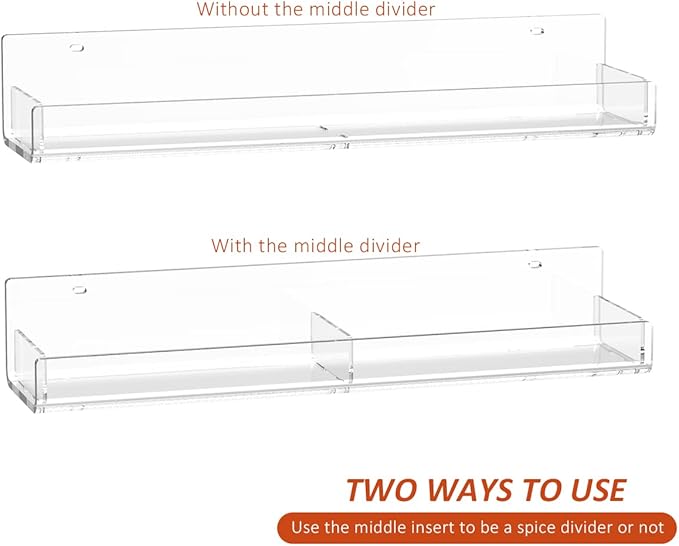 Acrylic Spice Rack Wall Mount, Hanging Spice Shelf Racks for Seasonings, Kitchen Spice Jars Wall Organizer Storage Holder, 2 Pack