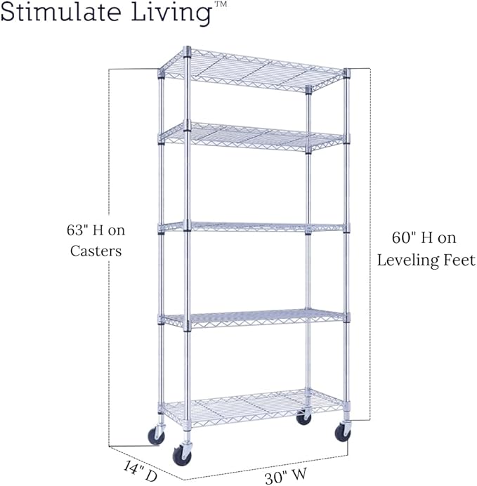 30"x14"x60" PRIME HEAVY DUTY Chrome 5-Tier Wire Shelving 1,750 LBS MAX Capacity Storage Rack for Commercial, School, Home, Garage, Warehouse, Industrial, and Hospital Uses (with Wheels)