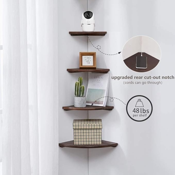 Corner Shelf, Solid Oak Wood Floating Corner Shelf Wall Mount Round End Floating Speaker with Wire Hole for Small Plant Photo for Bedroom Kitchen, Living Room