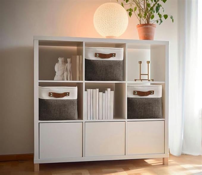 DECOMOMO Storage Bins Fabric Storage Baskets for Shelves, Linen Closet Organization Toys Nursery (Brown and White, Large - 3 Pack)