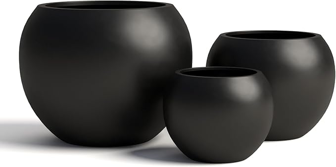 DTY Signature Mount Sherman Lightweight Durable Modern Fiberstone Sphere Planter for Indoor & Outdoor Drainage Hole & Rubber Plug Weather Resistant, 17" H x 21" Dia 14.4" Pot Opening - Large, Black