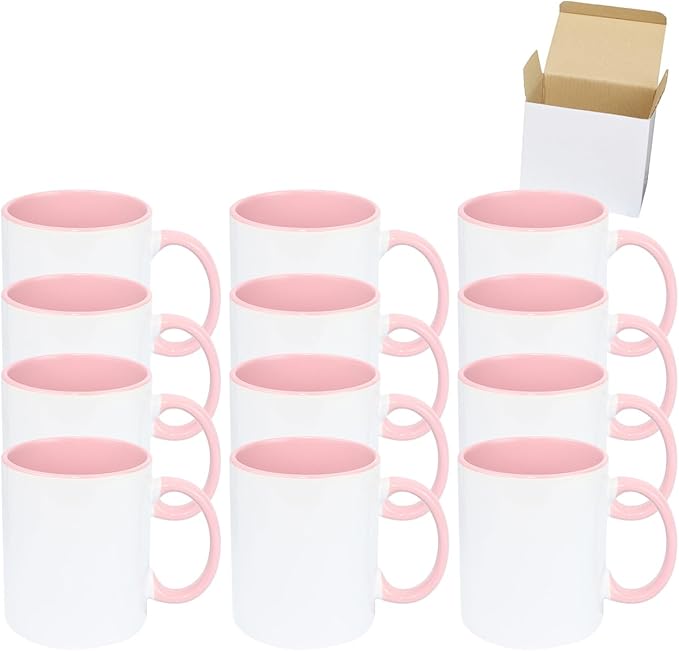 11oz White Ceramic Sublimation Coffee Mug in White Gift Box, Pink, Case of 12
