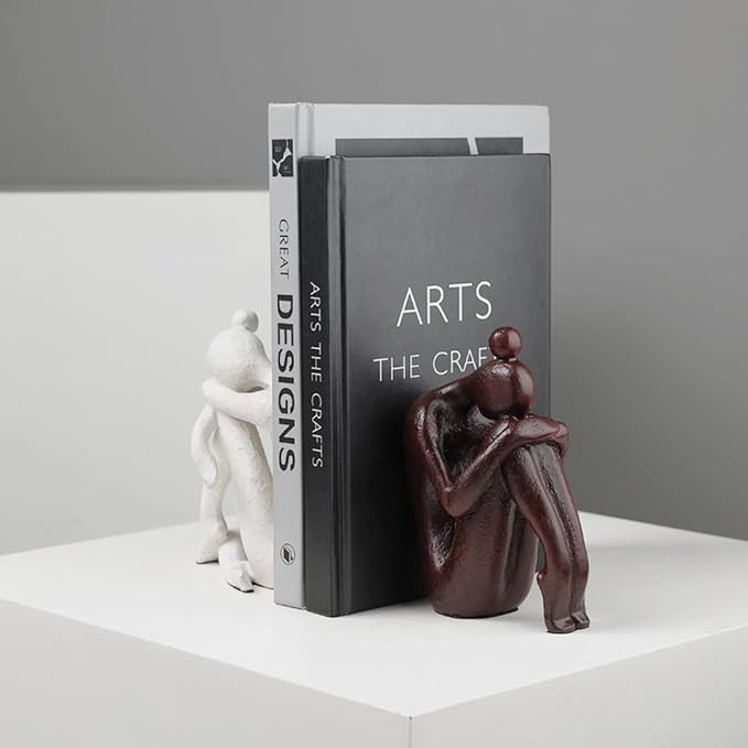 Decorative Bookends for Shelves, Unique Book Ends for Home Office Decor, Meditation Girl Statue Book Stopper for Bookshelf Decor, Modern Abstract Aesthetic Decoration White & Brown