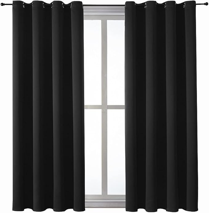 ChrisDowa Grommet Blackout Curtains for Bedroom and Living Room - 2 Panels Set Thermal Insulated Room Darkening Curtains (Black, 52 x 54 Inch)