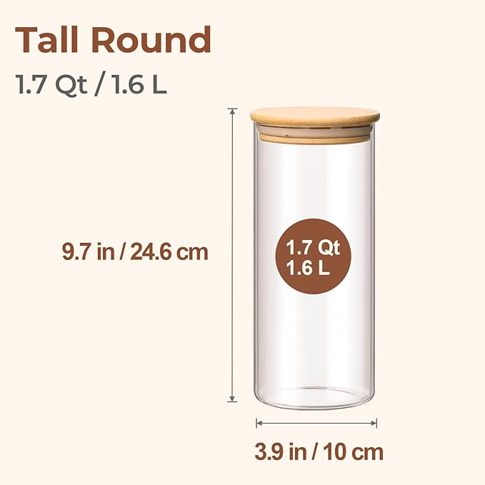 ComSaf 1.7 Qt Glass Storage Containers with Lids, Glass Jars with Lids, Clear Food Storage Jar, Round Canister Set of 3, Pantry Organizers for Pasta Flour Cookie Rice Tea Coffee Bean