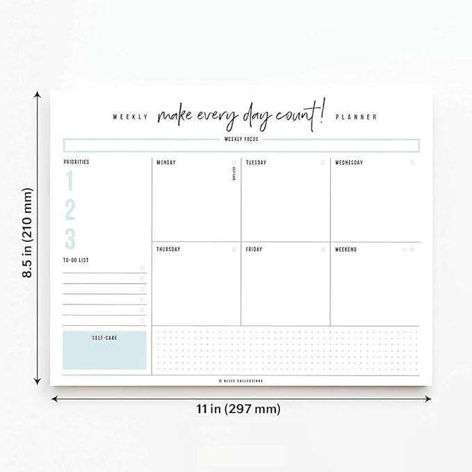 Bliss Collections Weekly Planning Pad, To Do List Notebook - Undated Tear-Off Sheets Notepad - Work Calendar, Organizer, Scheduler for Goals, Tasks - Make Every Day Count, 8.5" x 11", 50 Sheets