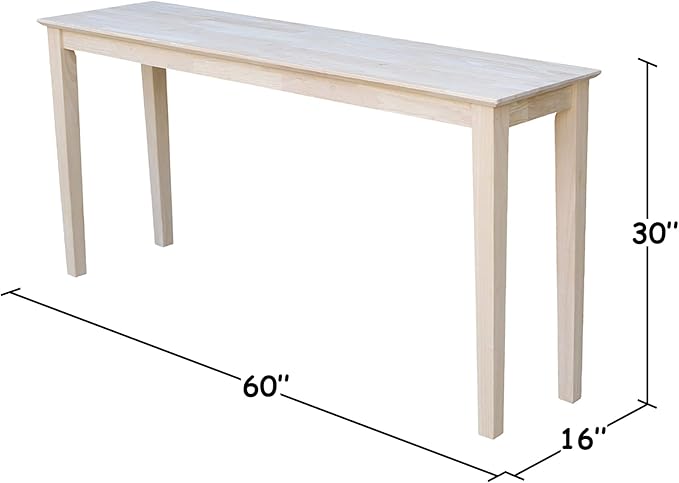 IC International Concepts Extended Length Shaker Console Table, 60" W x 16" D x 30" H Real/Solid Parawood, Kitchen/Dining, 50 Lbs. Wt. Capacity, DIY, Paint/Stain In Any Color, Unfinished