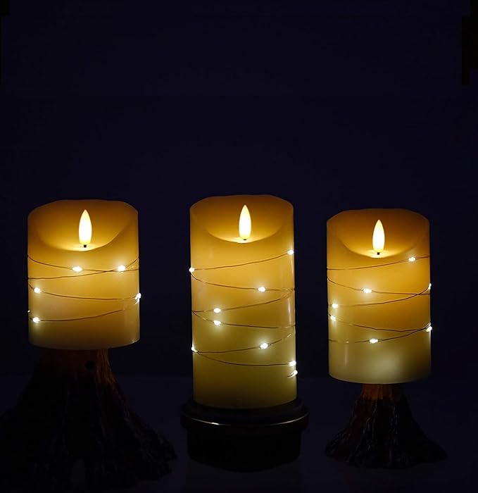 DANIP Ivory LED flameless Candle, with Embedded Star String, 3-Piece LED Candle Set, with 11 Button Remote Control, 24-Hour Timer Function, Dancing Flame, Real Wax, Battery Powered. (Ivory)