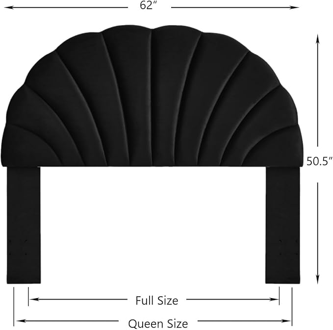 24KF Stunning Crown Design Queen Headboard, Upholstered Soft Velvet Petal Pattern Headboard Queen/Full-Black