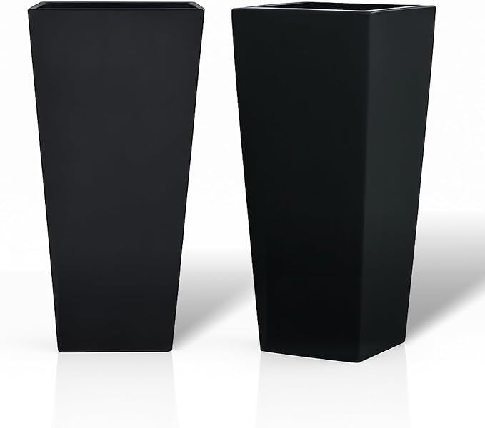 GreenShip 27" Tall Planters, Set of 2 – Black Outdoor Planter for Front Porch & Tall Plants, Weather-Resistant, with Drainage Hole & Rubber Plug (No Plants Included) (Black-2pcs)