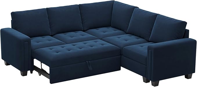 Belffin Modular Sectional Sleeper Sofa with Pull Out Couch Bed Velvet Convertible L Shaped Sectional Couch for Living Room Apartment Blue