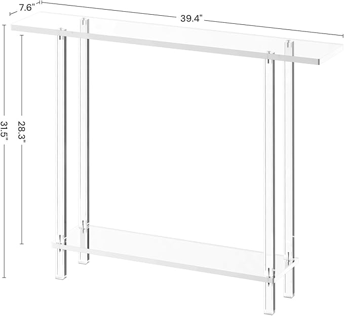 Acrylic Narrow Console Table for Entryway, 7.6" D x 39.4" W x 31.5" H, Square Legs, Skinny Entry Table for Sofa, Foyer, Hallway, Living Room, Modern, 2-Tier, Clear
