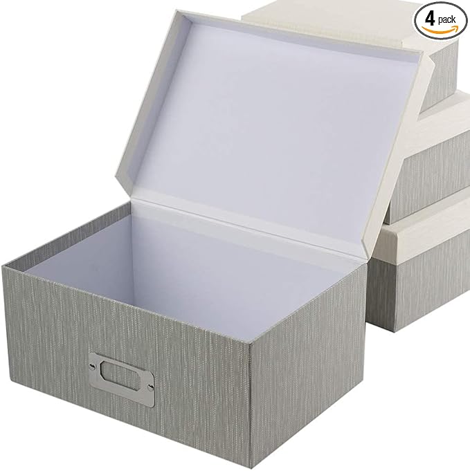 Briful Photo Boxes with Lids - 4 in 1 Set Waterproof Storage Boxes with Handles for Clothes, Shoes, Office, Cosmetic, Books