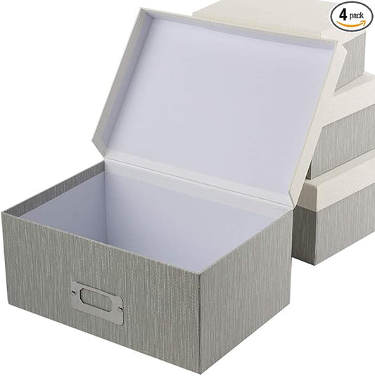 Briful Photo Boxes with Lids - 4 in 1 Set Waterproof Storage Boxes with Handles for Clothes, Shoes, Office, Cosmetic, Books
