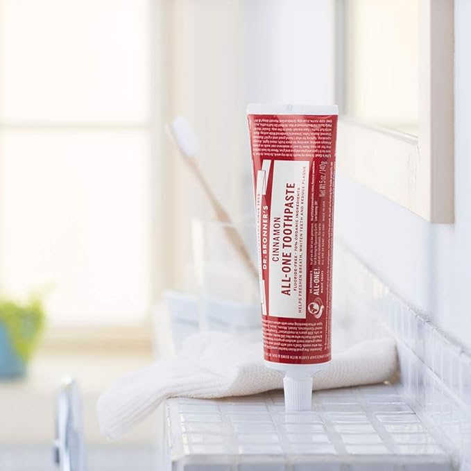 Dr. Bronner’s All-One Toothpaste– Cinnamon, 5 oz, 3-Pack– Fluoride-Free Toothpaste for Adults, SLS-Free, 70% Organic & Natural Ingredients, Vegan, Helps Freshen Breath, Reduce Plaque, Whiten Teeth