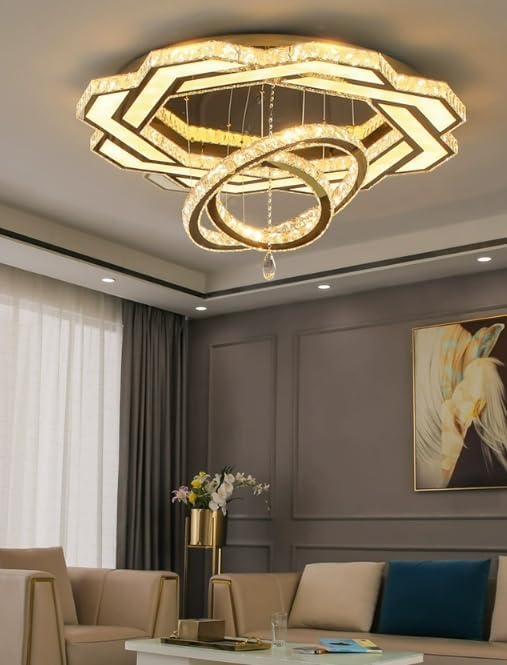 Flashing God Crystal Chandeliers Dia 32" Gold Chandelier Flush Mount Ceiling Light for Bedroom Living Room Dining Room Hallway Dimmable 3 Rings LED Celing Lighting Fixtures