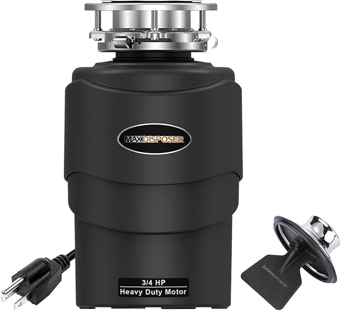 Garbage Disposal 3/4 HP Ultra Quiet powerful grinding Kitchen Food Waste Disposer with Power Cord Easy install, AC Motor Unit Continuous Feed Stainless Steel Grind 0.75 Horsepower (MAX-5)