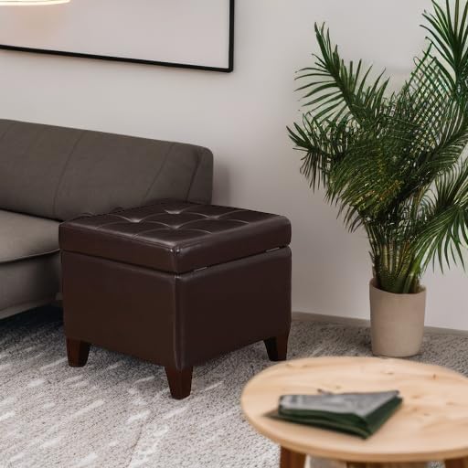 Adeco 15.2" Modern Brown Faux Leather Storage Ottoman with Tufted Flip Top for Living Room, Tufted Accents Rectangular Bench for Foot Rest